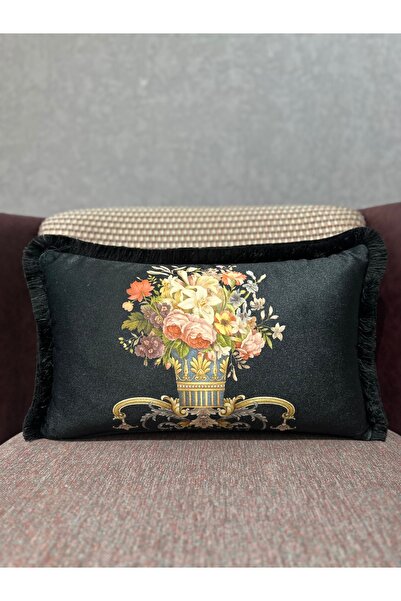 Fabricland Catifea de mătase florală neagră - Teaca dreptunghiulară cu ciucur...