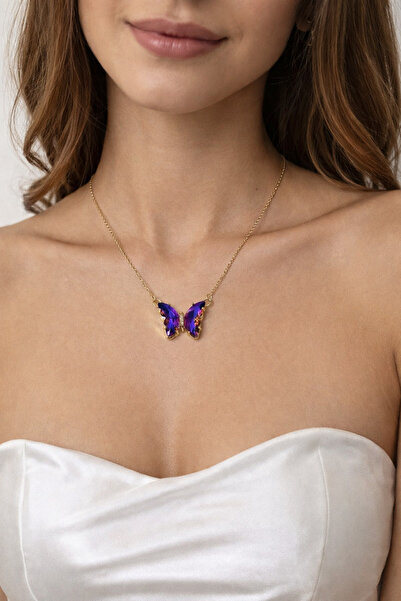 Tixy Pixy Işıkta Renk Değiştiren Mor Kelebek Kolye Gold Paslanmaz Çelik Kadın...