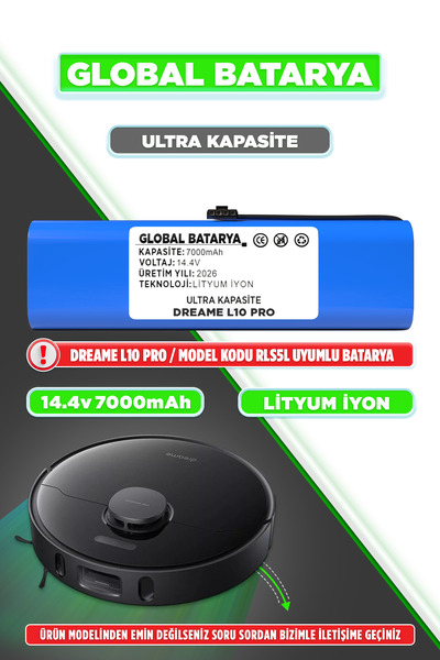 GLOBAL BATARYA Dreame L10 Pro Uyumlu Akıllı Robot Süpürge Bataryası 14.4v 700...