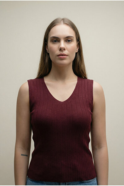 Merry Rise Бордовий V-подібний комір жіночий трикотажний блуз