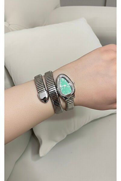 Yegane Gümüş Renk Yılan Model Kadın Kol Saati Yeşil Kadran