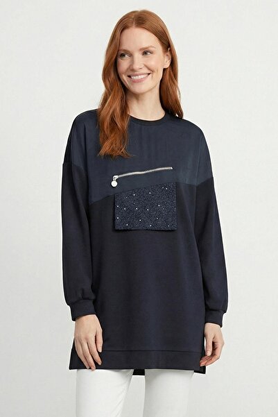 Puane Women's Crew Neck Long Tunic with Front Zipper and Stone Detail - 10768...