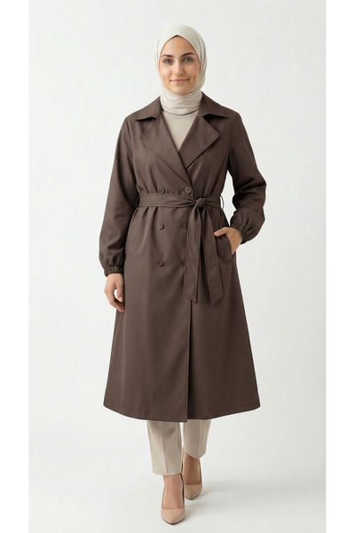 MİHRA STORE Doredra Kol Lastikli Düğmeli Uzun Trençkot-EK174 Kahve