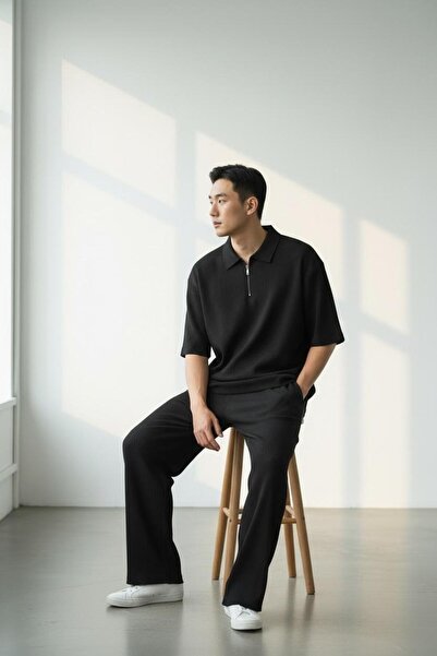 Altamira Мъжки черен анцуг с половин цип и османски мотив