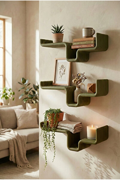 Puffin Design Edge Dekoratif Duvar Rafı 1 adet (Zeytin Yeşil Renk)
