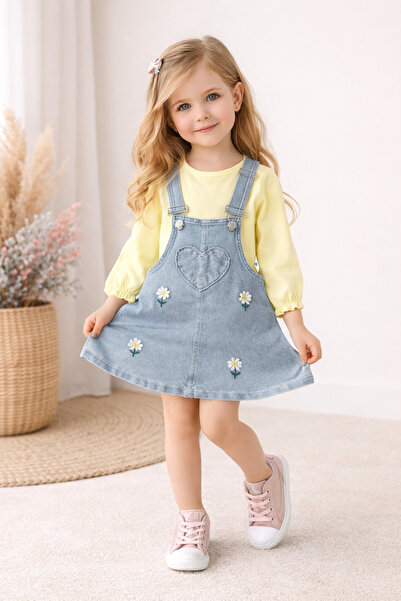 Baby Buu Babybu Kız Papatyalı Denim Jile & Kolları Büzgülü Body Sarı