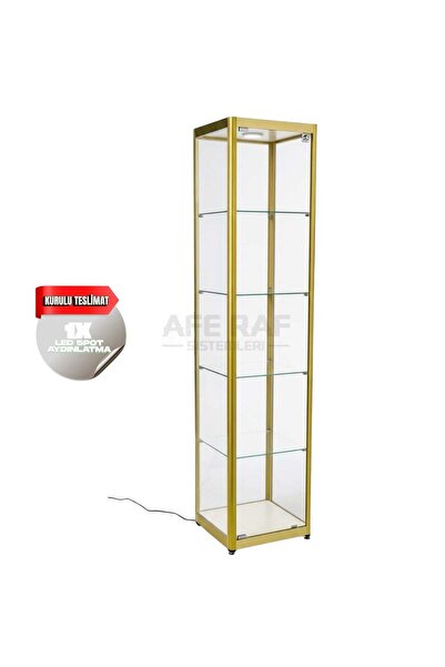 AZUCABİN Ahşap Camlı Dolap, Camlı Vitrin, Koleksiyon Dolabı, Ack801gold