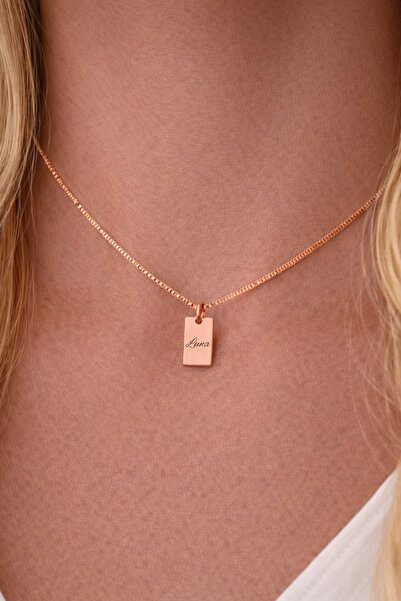 Soleildor 925 ayar Orijinal Gümüş Rose Gold Takı Kişiye Özel Mini Dikdörtgen ...
