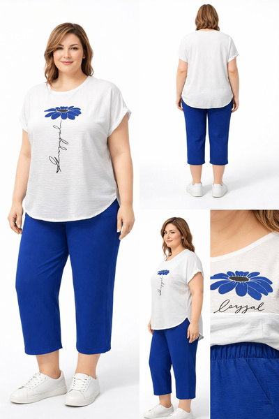 BİrHoşButik Large Size Floral Printed Aerobic Gamble - Elastic Waist and Slit...