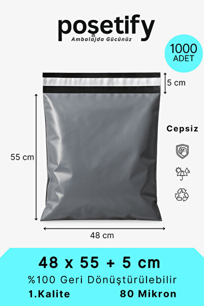 POŞETİFY Cepsiz Kargo Poşeti | 48x55x5 cm | 1000 Adet | Gri | 80 Mikron | Büy...