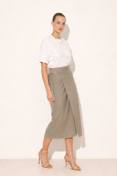 Setre Beige Double-Breasted, Form-Fitted, Slit Midi Skirt with Tie Detail