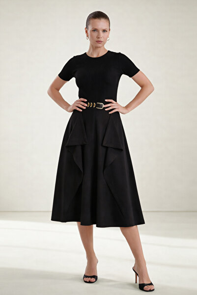 Setre Siyah Kemer Ve Asimetrik Kumaş Detaylı Midi Etek