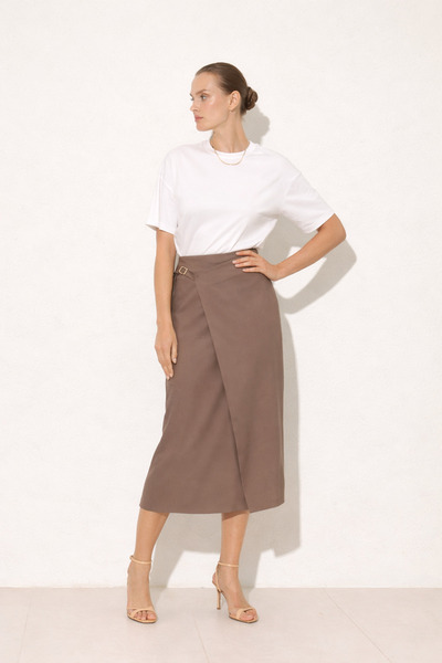 Setre Camel Double-Breasted, Slit Midi Skirt with Tie Detail