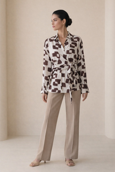 Setre Крем - Гіркий кава Пояс на талії Детальний повний крій Сорочка з довгим...