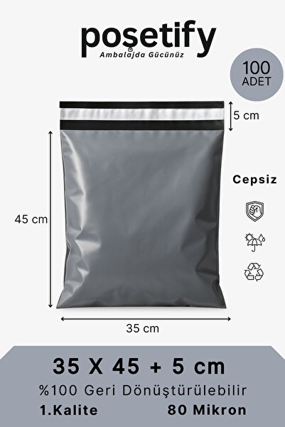 POŞETİFY Cepsiz Kargo Poşeti | 35x45x5 cm | 100 Adet | Gri | 80 Mikron | Orta...