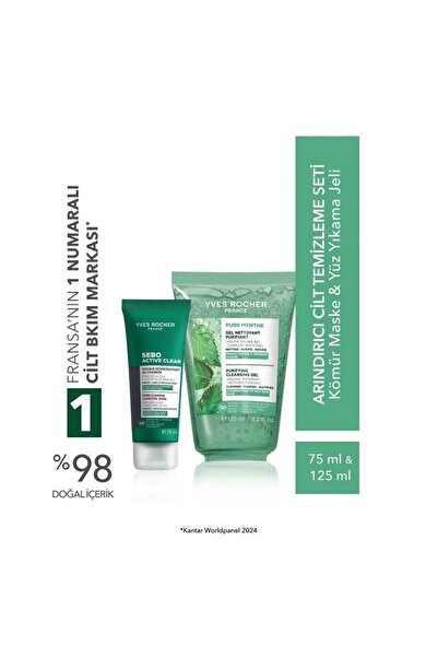 Yves Rocher Karma/Yağlı Ciltler Orjinal Boy Temizleme Jeli, Kömür Maske Seti