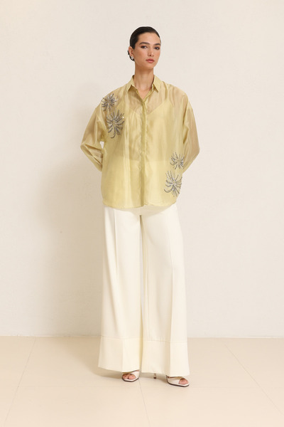 Setre Olive Transparan Taş Ve İç Atlet Detaylı Uzun Kollu Gömlek