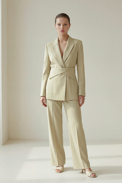 Setre Olive Bel Detaylı Ceket Pantolonlu Takım