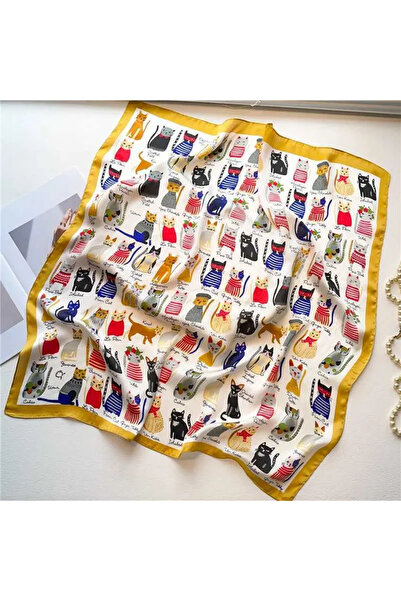 KİANA DÜKKAN Kedi Baskılı Kare Fular / Bandana / Eşarp