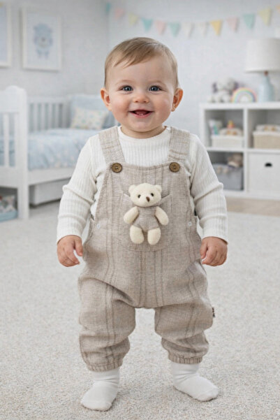 moukou 9-12-18 Months Baby Boy Salopet Set 100% Cotton Striped Toy Detailed P...