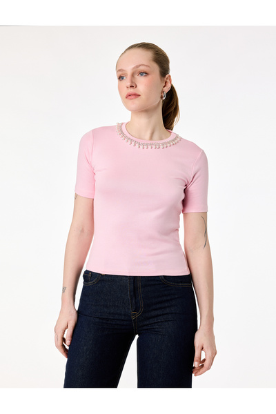 Koton Μπλουζάκι από βισκόζη με κοντό μανίκι και λεπτομέρεια από πέρλες