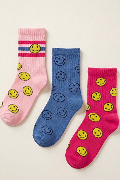 Katia&Bony Чорапи с цветно усмихнато лице и детайли от 3 части за момиче, фук...