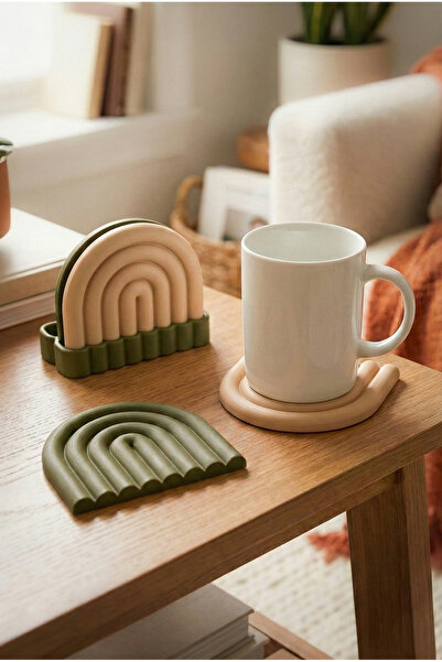 Puffin Design Rainbow 4-Piece Coaster Set (Olive Green - Beige Color)
