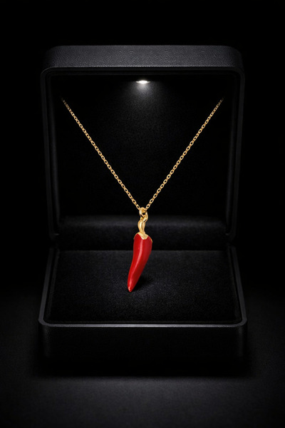 ÇEKİRDEK JEWELRY 925 Ayar Gümüş Kırmızı Biber Kolye Mine Kaplama, Şans ve Naz...