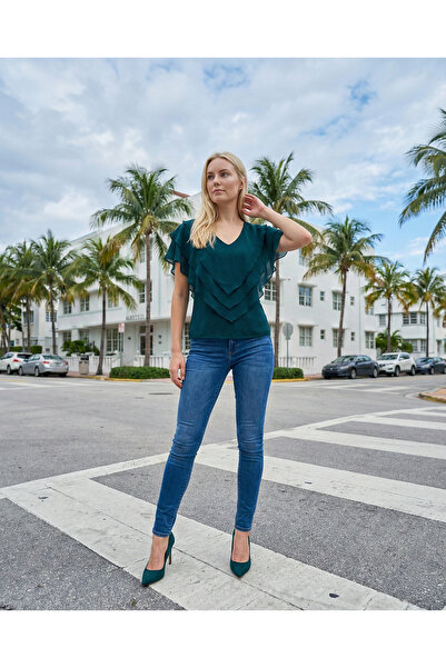 Romina Ciel Chiffon V-Neck Flounced Casual Women's Blouse