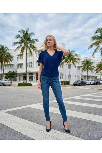 Romina Ciel Chiffon V-Neck Flounced Casual Women's Blouse