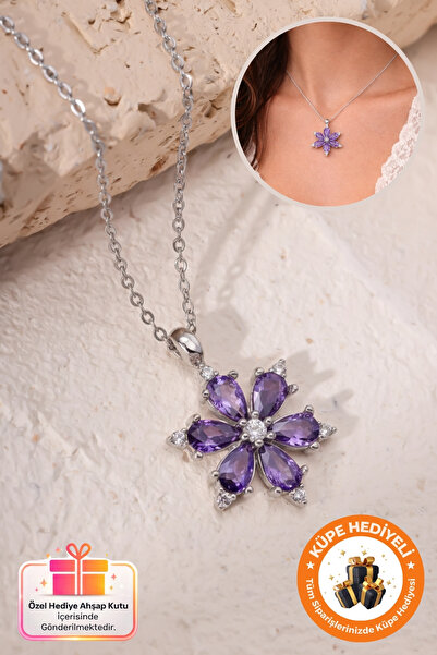 Lucente Jewellery 925 Ayar Mor Lotus Gerçek Ametist Taşlı Silver Gümüş Kaplam...