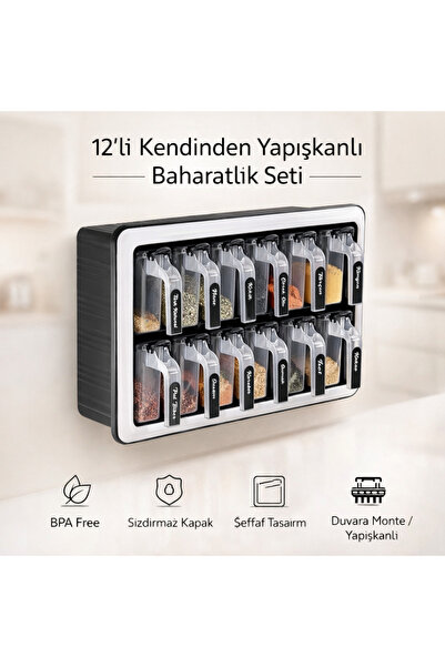 EBA HOME 12-Piece Self-Adhesive Spice Rack Set with Stand, Spoon and Lid - Sp...