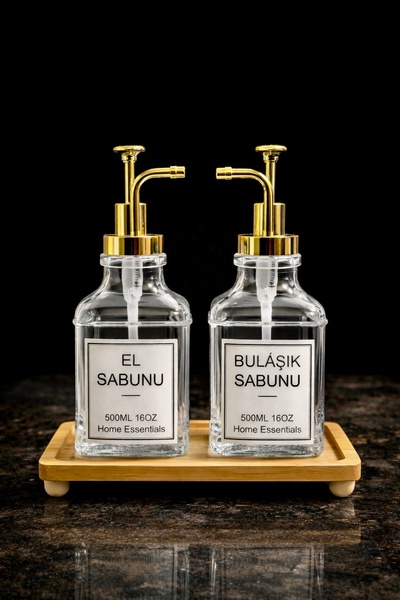 Maloria Dispenser with Gold Stopper, Bamboo Bullet Stand, Glass Soap Dispense...