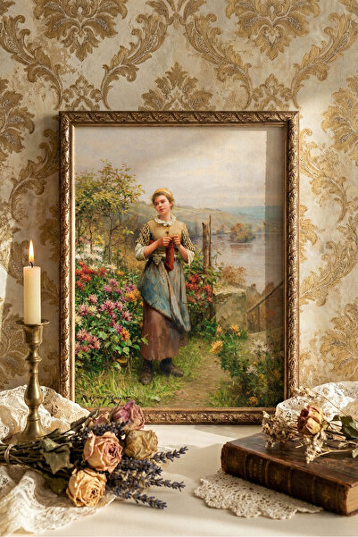 epiqart Young Woman Knitting - Vintage Patterned Frame