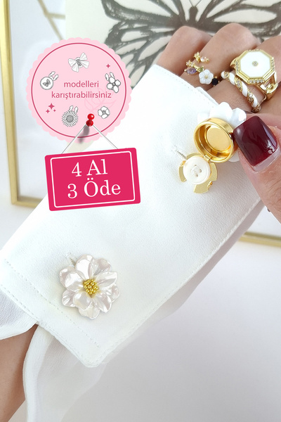 Norevia 4 Al 3 Öde Beyaz Papatya Figürlü Gold Detaylı Yaka ve Kol Düğmesi Kap...