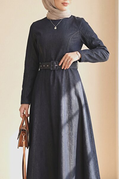 Modamorfo Flared Skirt Zippered Belted Denim Dress -Anthracite