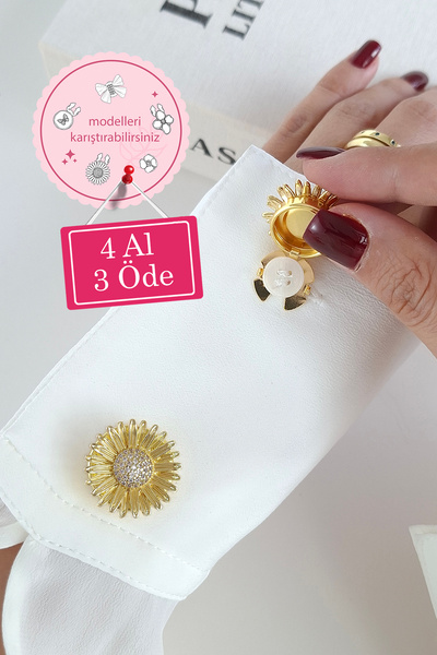 Norevia 4 Al 3 Öde Altın Kaplama Papatya Figürlü yaka ve Kol Düğmesi Kapağı v...