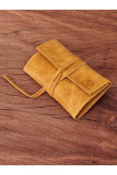 bouscrab Tutun Kesesi Cüzdan Tutun Çantası Kartlıklı %100 Hakiki Deri Sarı