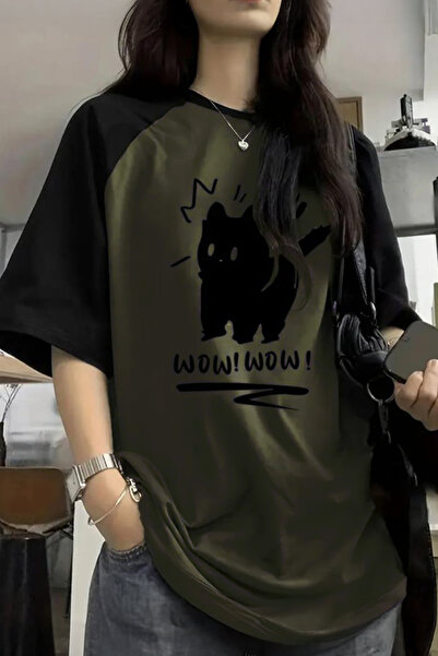 Karakedi Siyah Raglan Yeşil Wow! Wow! Cat Y2K Unisex T-Sihrt
