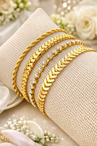 4-Piece Elegant Design Gold Color Zircon Detail Women's Bracelet