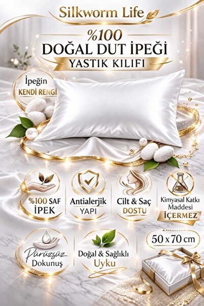 silkwormlife DOĞAL BEYAZ RENKLİ ( İPEĞİN KENDİ RENGİ ) 100 % Ipek Yastık Kılı...
