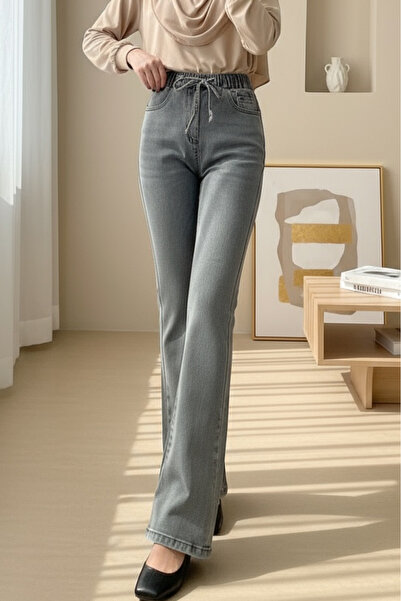 Modamorfo Ispanyol Paça Bağcık Detaylı Kot Pantolon -Açık Gri