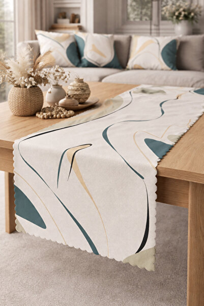 SasoHome Modern Krem - Turkuaz Sürreal Çizgiler Desenli Dijital Baskılı Dekoratif Runner