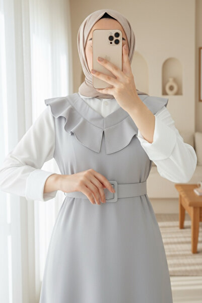 Modamorfo Yakası V Kemerli Uzun Jile Elbise -Gri