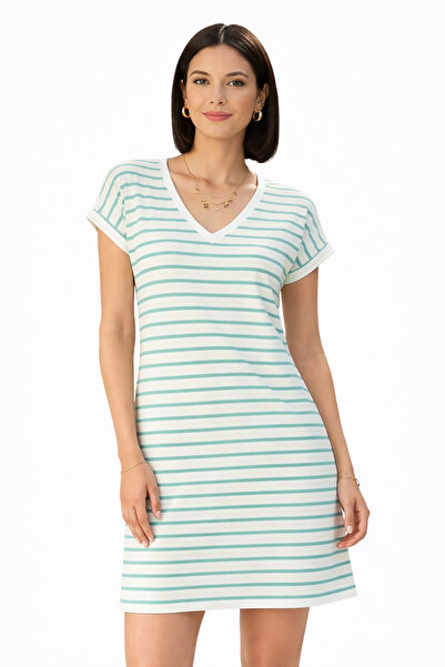 trendalisse Γυναικείο Χακί ριγέ V λαιμόκοψη Φαρδύ άνετο καλοκαιρινό φόρεμα