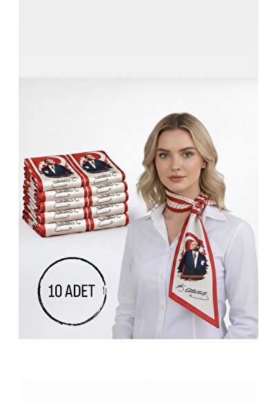 Mavi Masal 10 Adet Beyaz Atatürk Fotoğraflı İmzalı ve Türk Bayraklı Eşarp / K...