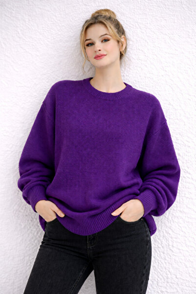 Kırlangıç Moda Mor Oversize Bisiklet Yaka Kadın Triko Kazak