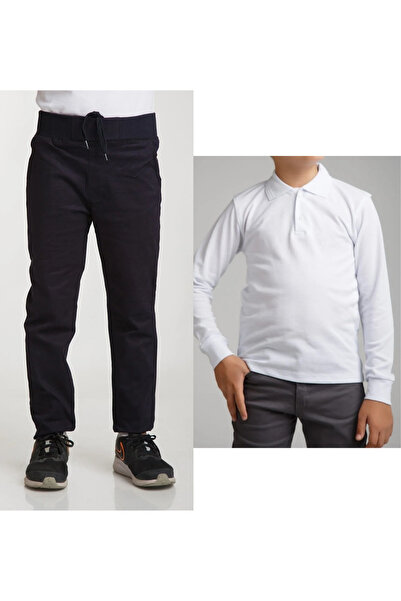 Nacar Dječje riblje lanene školske pantalone tamnoplave boje + polo majica sa...