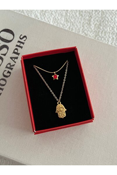 RAREE İkili set kırmızı taşlı yıldız kolye ve fatma ana eli kolye denize/duşa...