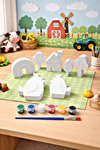 Atölye yüksel Renkli Çiftlik Taş Boyama Seti = 7 Taş + 6 Renk Boya + 1 Fırça